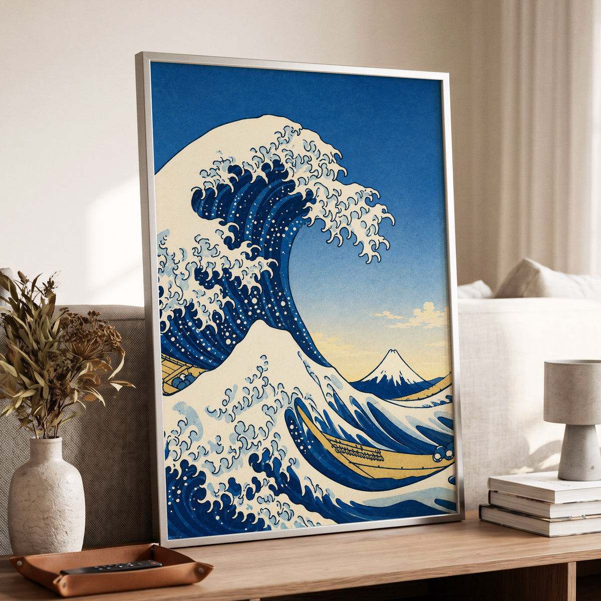 Crest of the Deep, blue, beige, white nature wall art displayed in a styled interior, gallery view 9