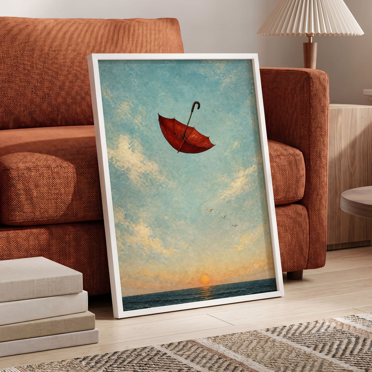 Crimson Adrift, blue, red, beige minimalist wall art displayed in a styled interior, gallery view 9