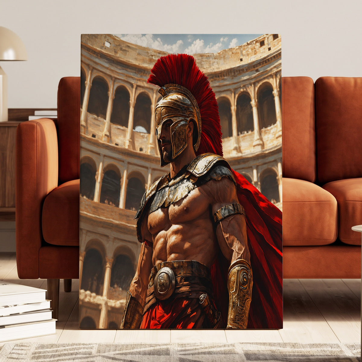 Crimson Centurion, red, gold, beige minimalist wall art on canvas displayed in a styled interior, gallery view 2
