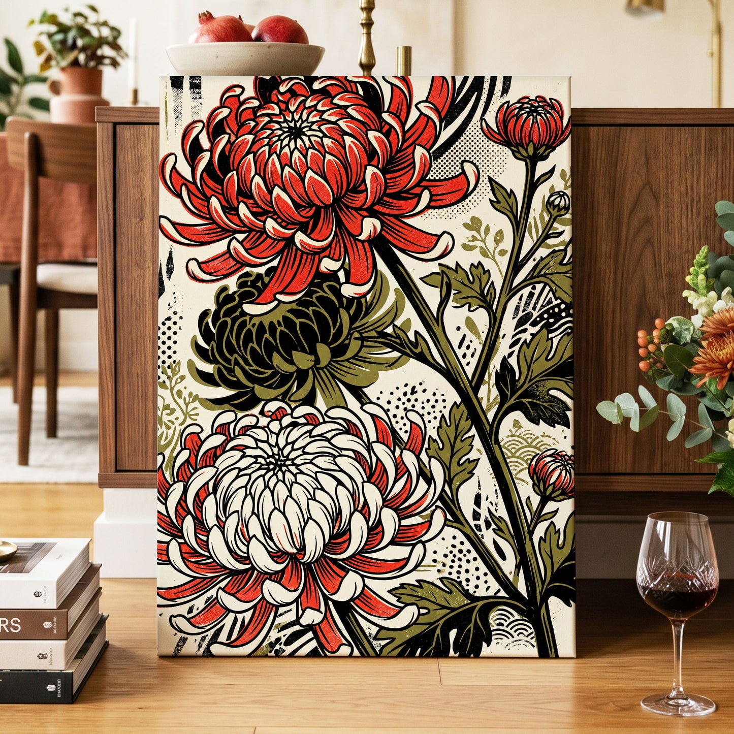 Crimson Chrysanthemums, red, black, beige floral wall art on canvas displayed in a styled interior, gallery view 2