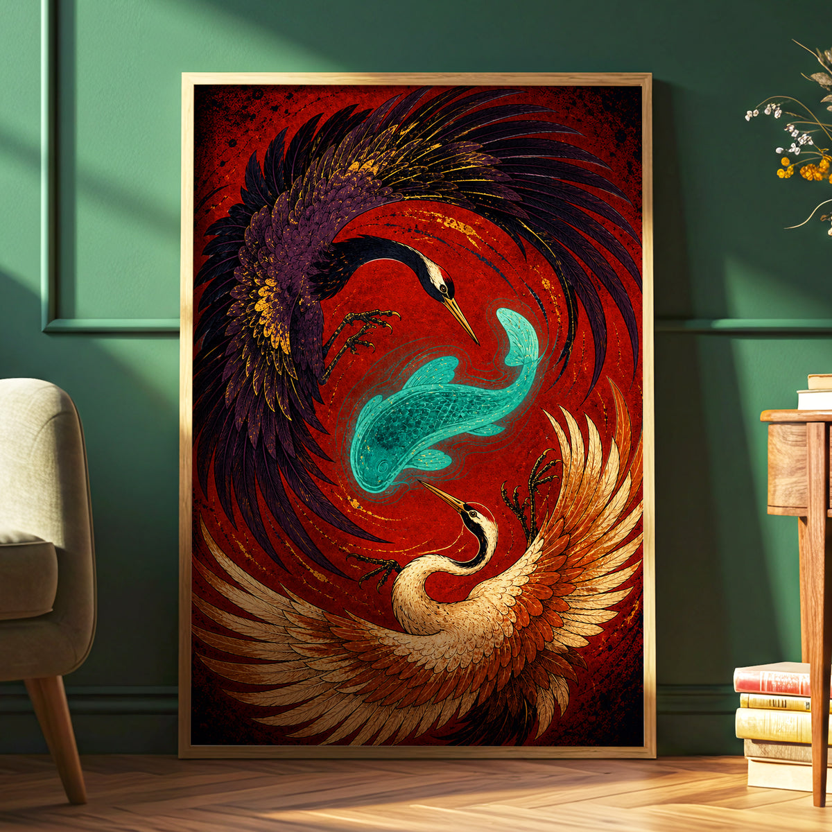 Crimson Crane Spiral, red, black, purple nature wall art displayed in a styled interior, gallery view 9