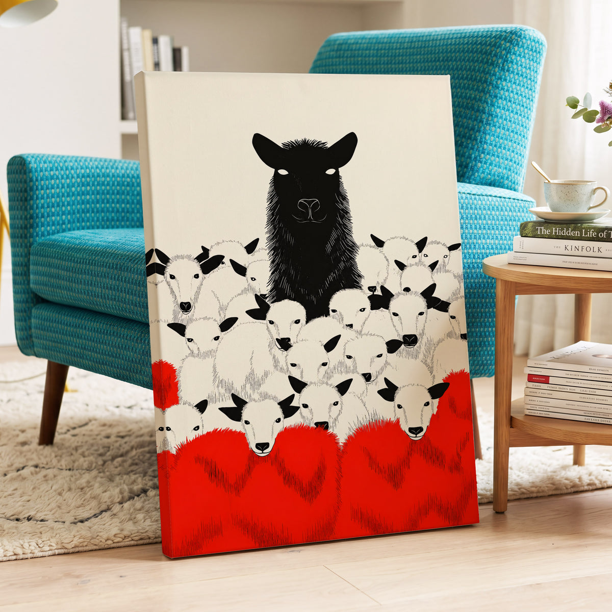 Crimson Flock, black, white, red nature wall art on canvas displayed in a styled interior, gallery view 2