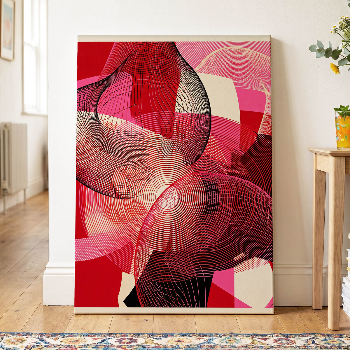 Crimson Frequencies, red, pink, black abstract wall art on canvas displayed in a styled interior, gallery view 2