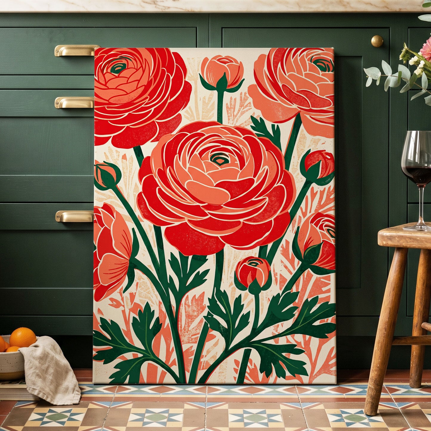 Crimson Garden Rhythm, red, green, beige floral wall art on canvas displayed in a styled interior, gallery view 2