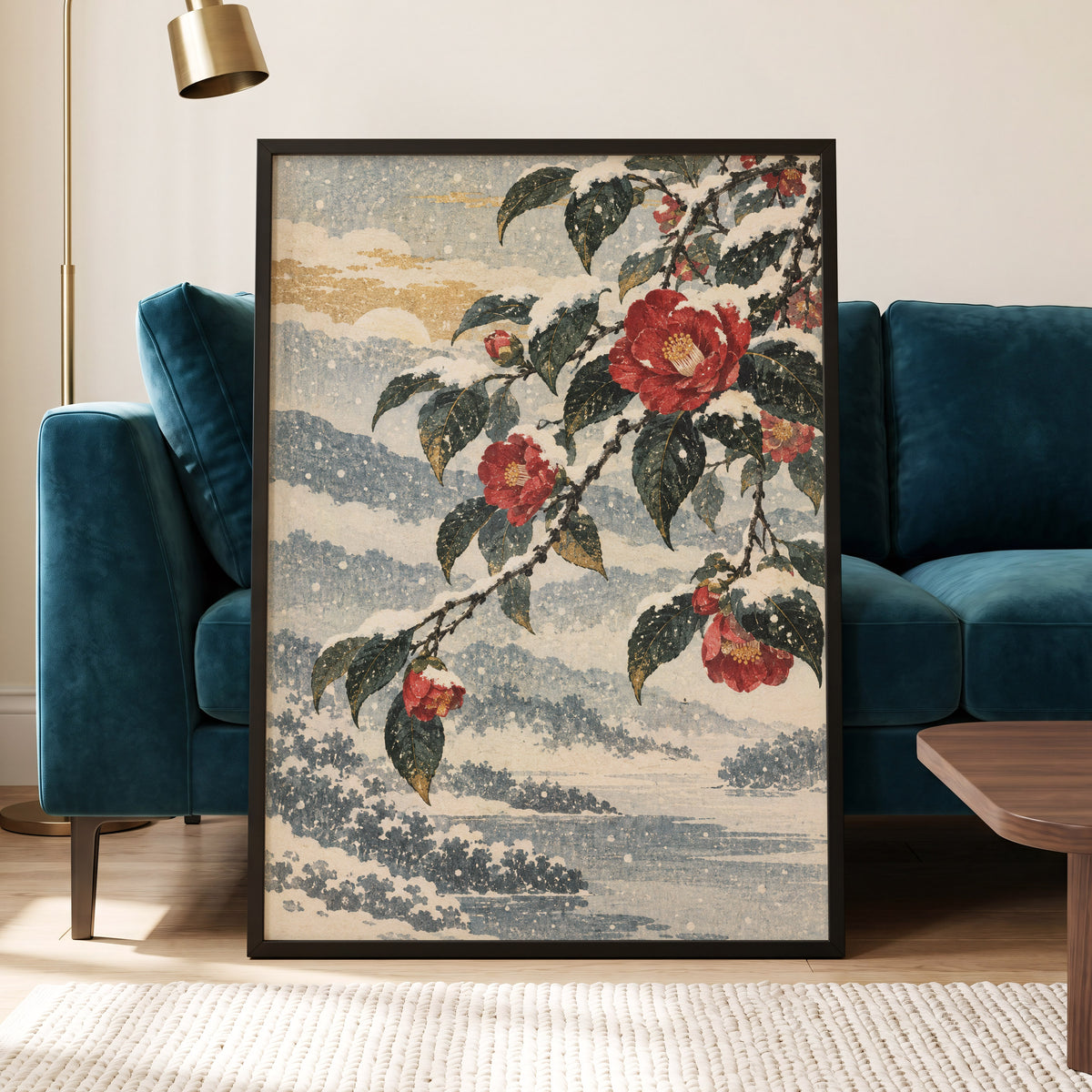 Crimson in the Snow, red, green, blue floral wall art displayed in a styled interior, gallery view 9