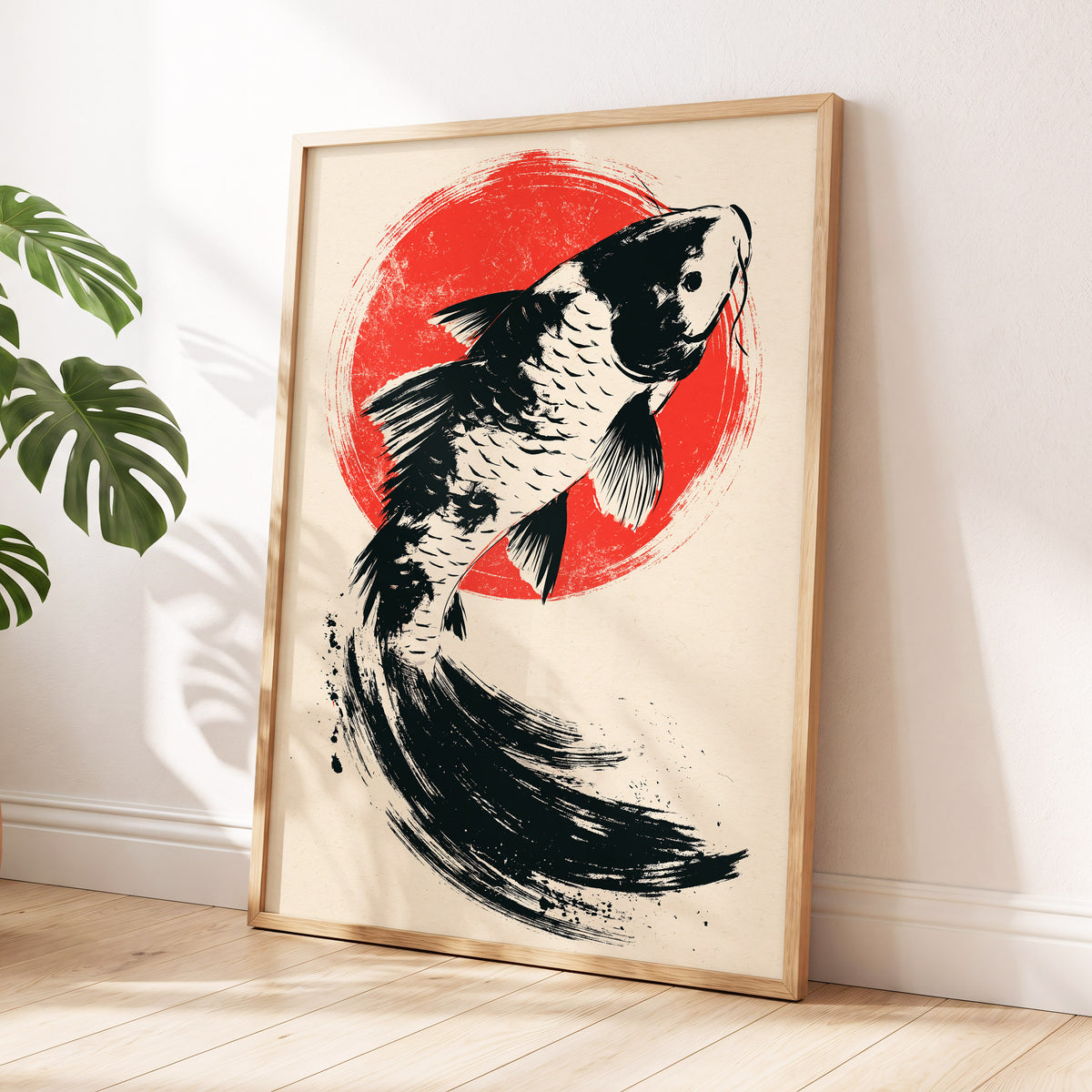 Crimson Koi Sweep, black, red, beige nature wall art displayed in a styled interior, gallery view 9
