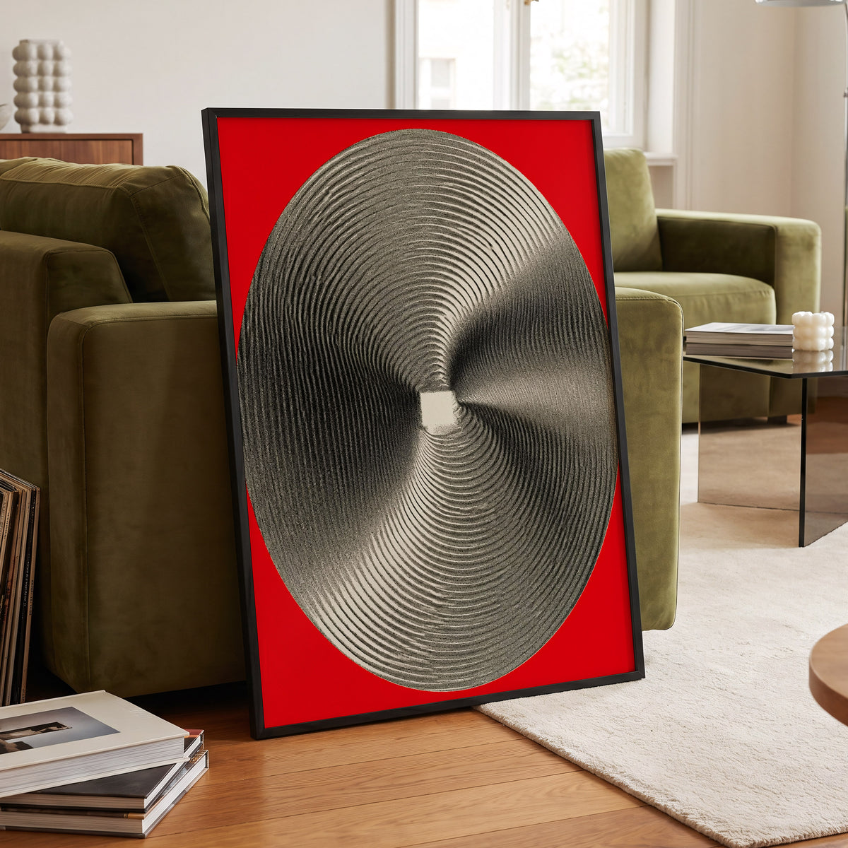 Crimson Orbit, red, black, gray abstract wall art displayed in a styled interior, gallery view 9