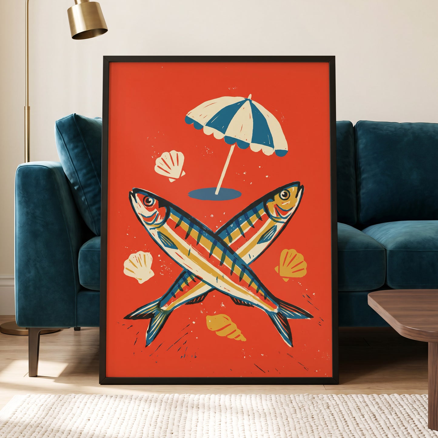 Crossed Catch, red, blue, beige nature wall art displayed in a styled interior, gallery view 9