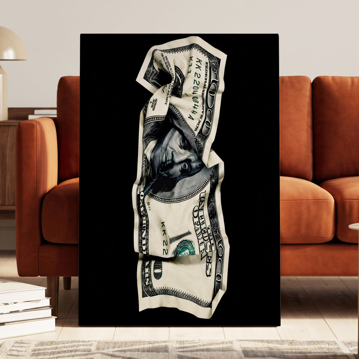 Crumpled Currency, black, white, green minimalist wall art on canvas displayed in a styled interior, gallery view 2