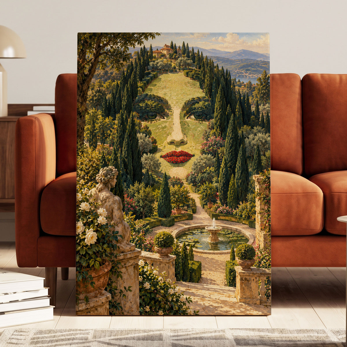 Cypress Reverie, green, beige, gold nature wall art on canvas displayed in a styled interior, gallery view 2