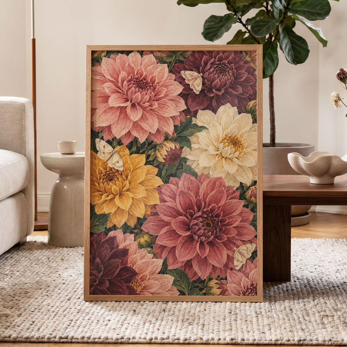 Dahlia Dusk, pink, purple, green floral wall art displayed in a styled interior, gallery view 9