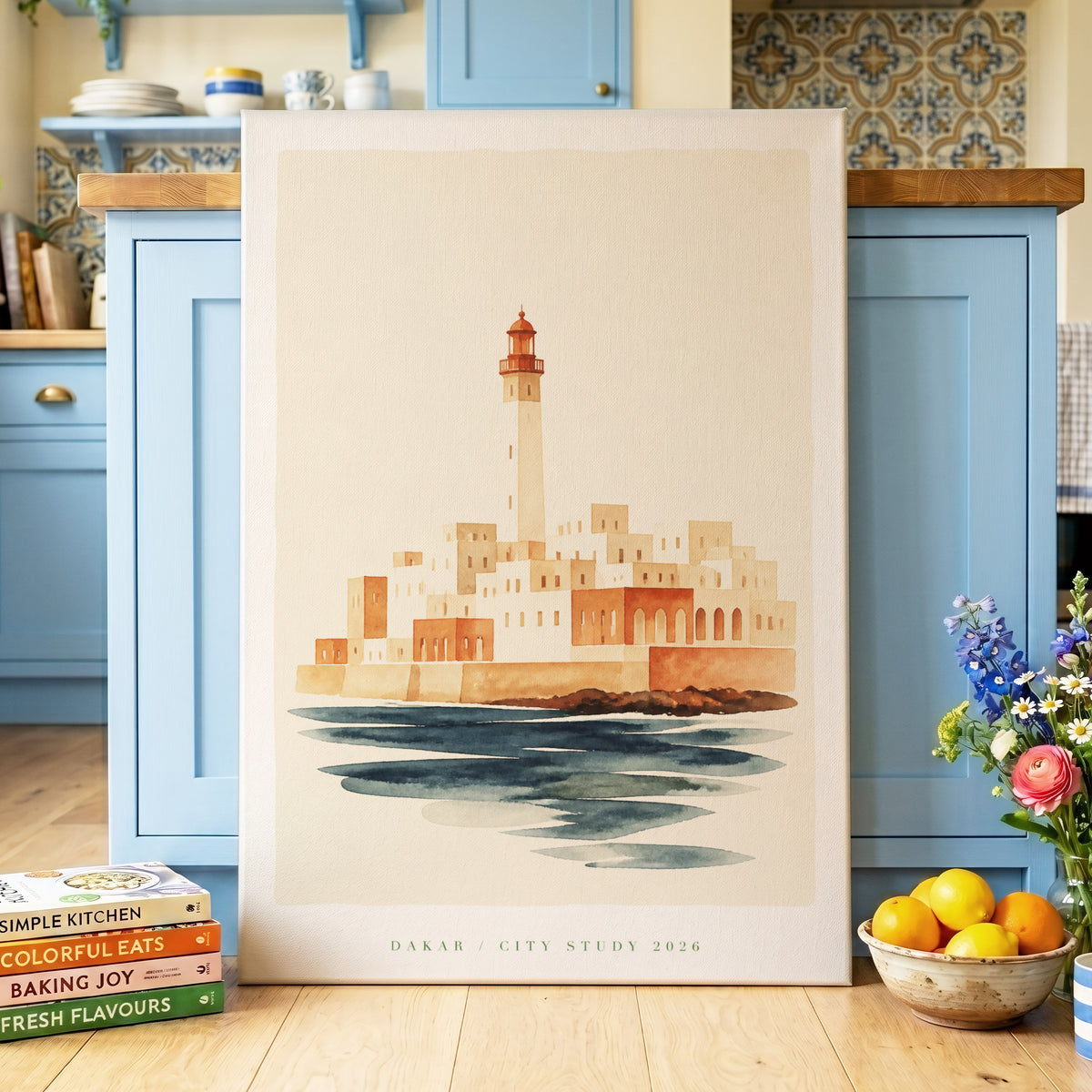 Dakar Lighthouse Study, beige, orange, blue minimalist wall art on canvas displayed in a styled interior, gallery view 2