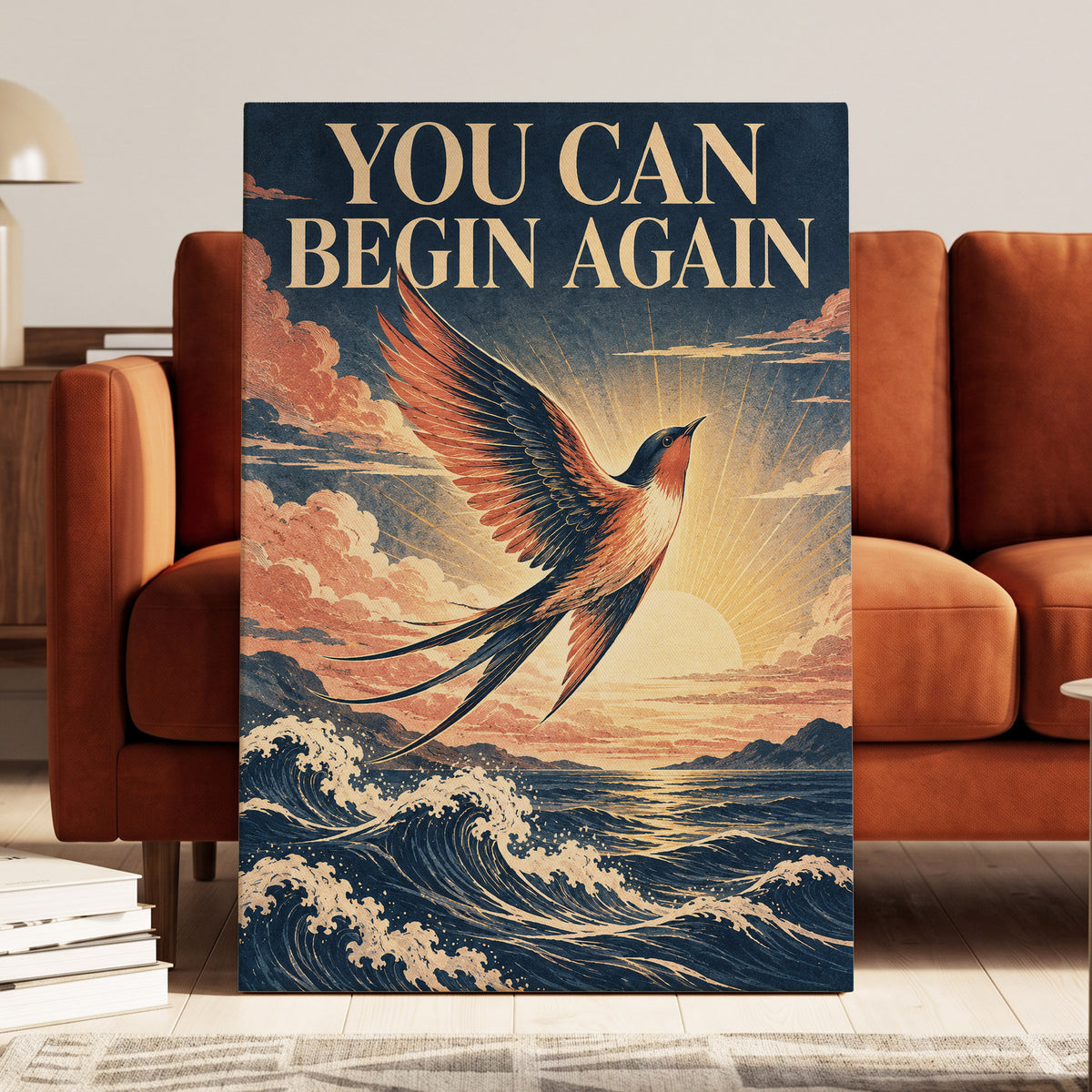 Dawnward Flight, blue, beige, orange nature wall art on canvas displayed in a styled interior, gallery view 2