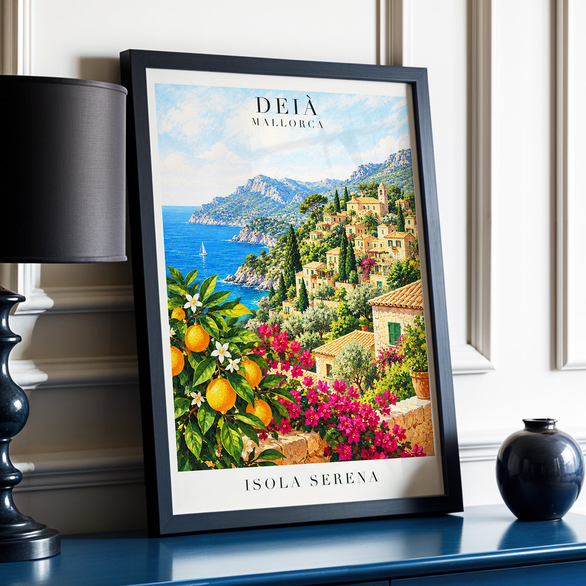Deià Citrus Vista, blue, green, beige nature wall art displayed in a styled interior, gallery view 9