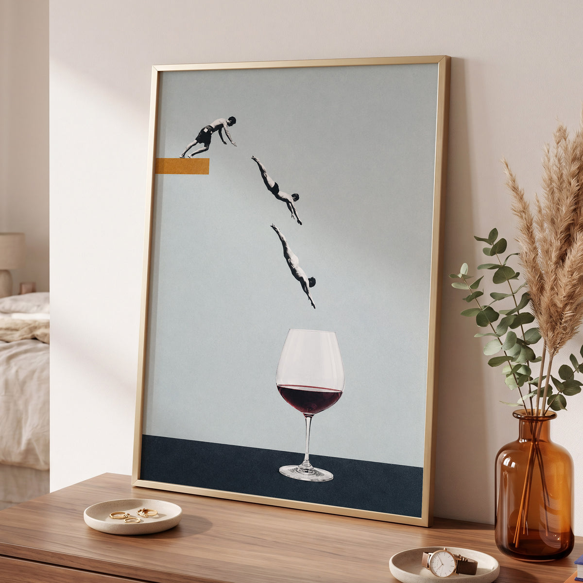 Dive into Claret, blue, black, white minimalist wall art displayed in a styled interior, gallery view 9