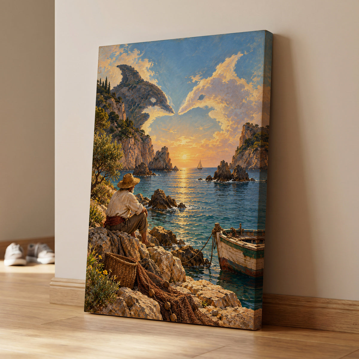 Dolphin Cove at Sunset, blue, gold, brown nature wall art on canvas displayed in a styled interior, gallery view 2
