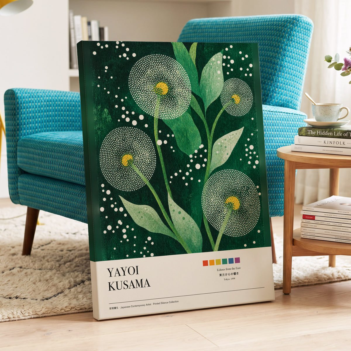 Dotted Garden Nocturne, green, white, yellow floral wall art on canvas displayed in a styled interior, gallery view 2