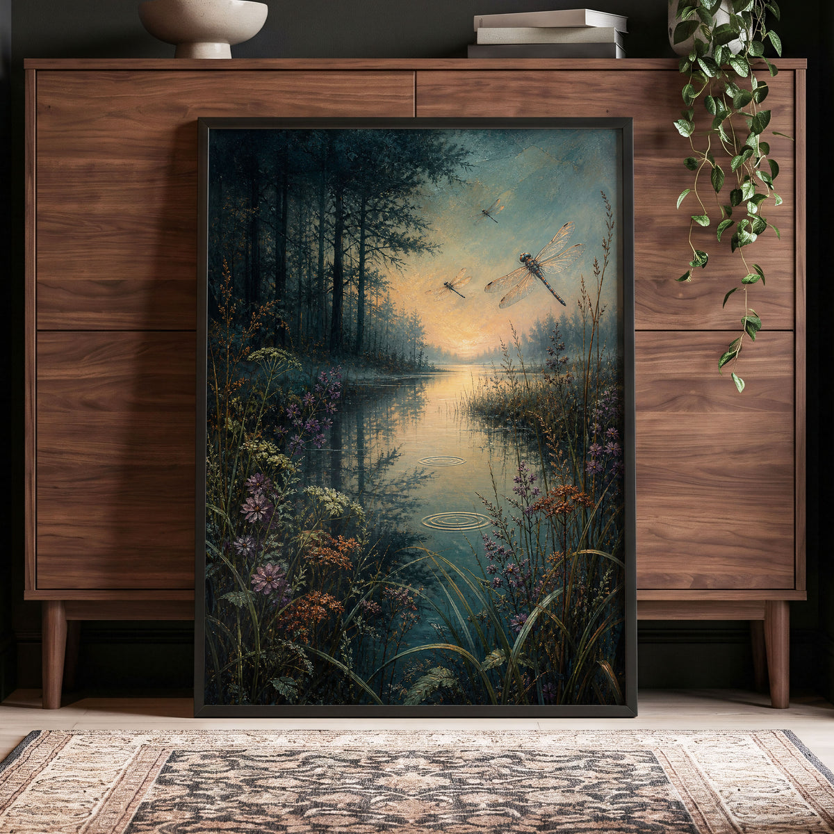 Dragonfly Dusk, blue, green, black nature wall art displayed in a styled interior, gallery view 9