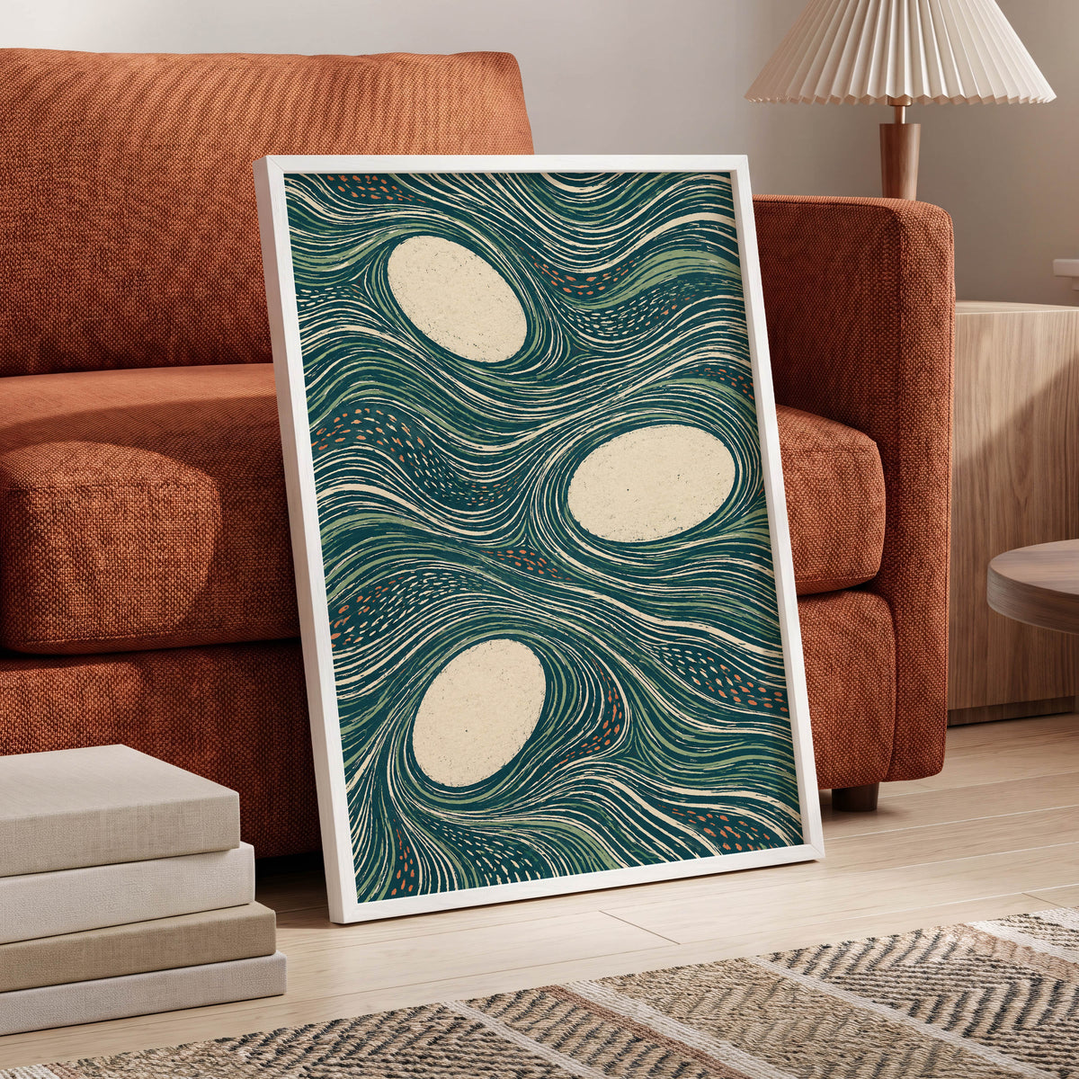Drifting Contours, blue, green, beige abstract wall art displayed in a styled interior, gallery view 9