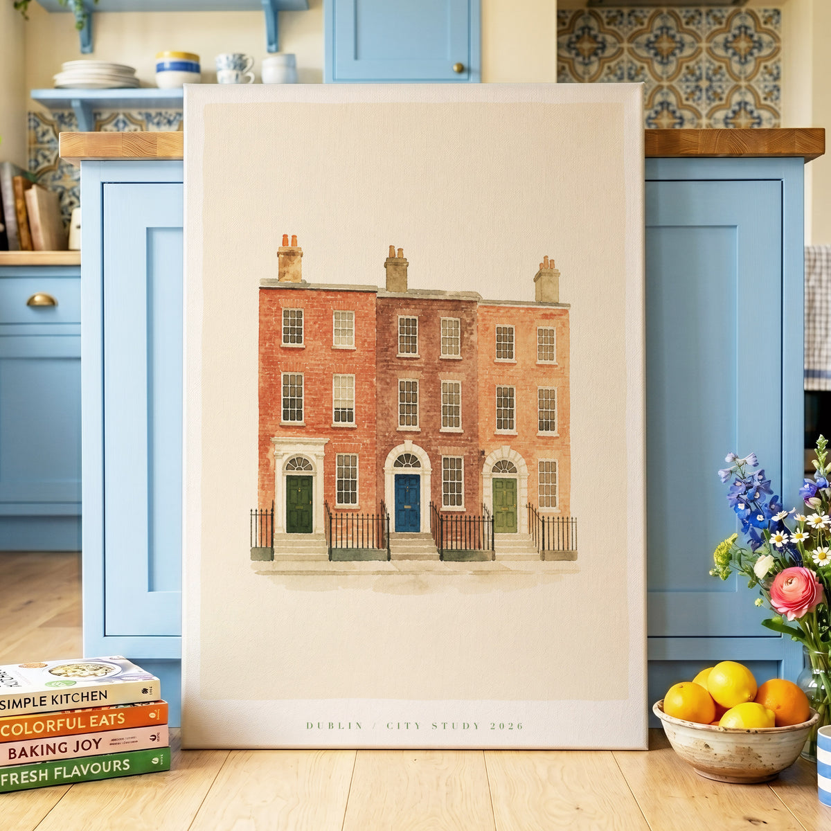 Dublin Doorways, beige, orange, brown minimalist wall art on canvas displayed in a styled interior, gallery view 2