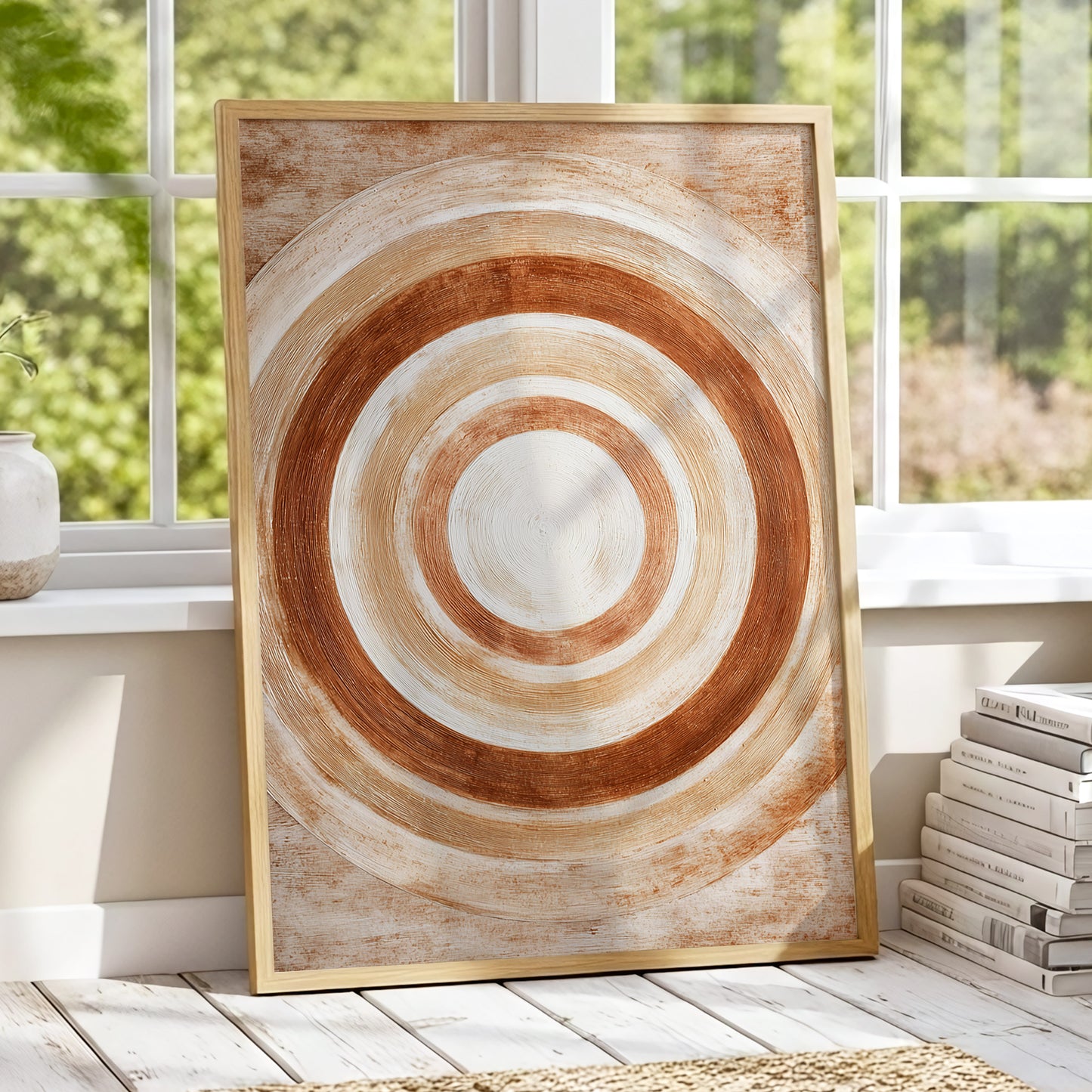 Earthen Orbit, brown, beige, white abstract wall art displayed in a styled interior, gallery view 9