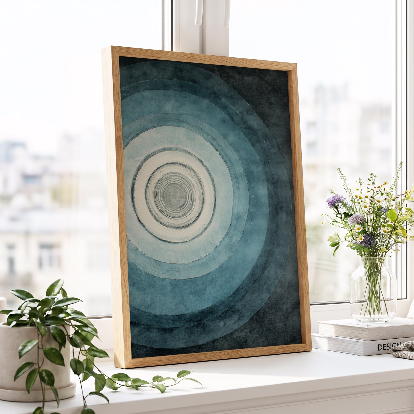 Echoes in Blue, blue, black, white abstract wall art displayed in a styled interior, gallery view 9