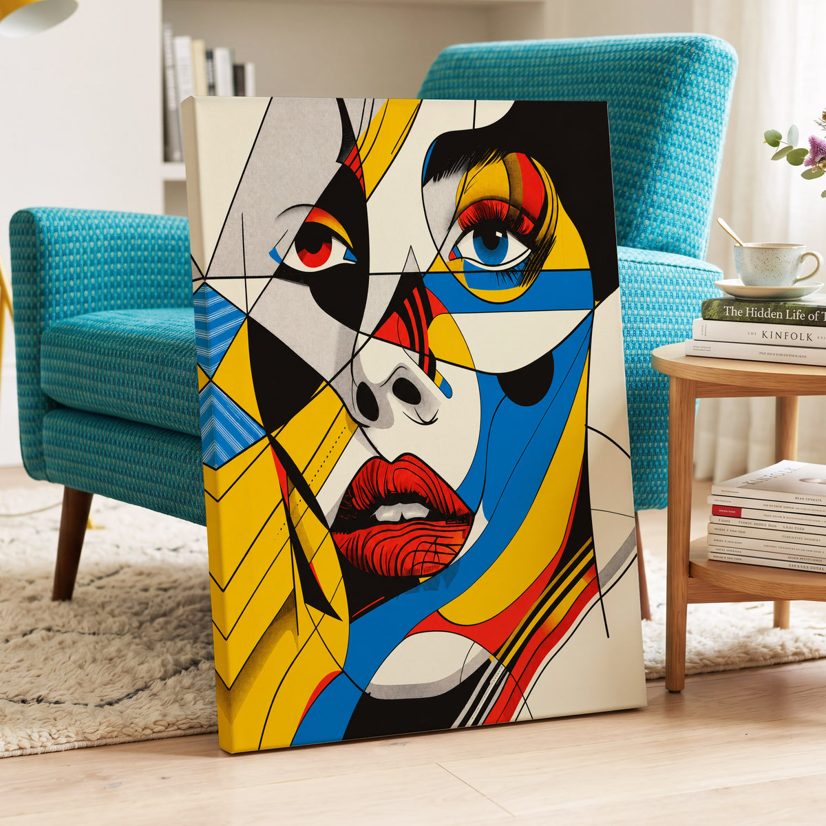 Electric Gaze, yellow, blue, black abstract wall art on canvas displayed in a styled interior, gallery view 2