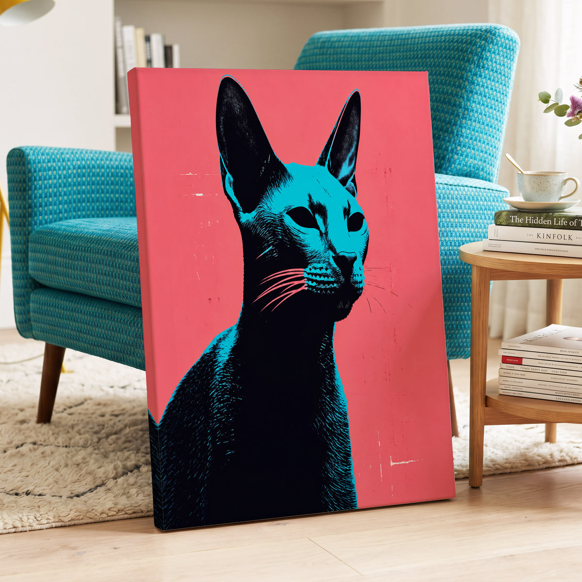 Electric Sphynx, black, pink, blue nature wall art on canvas displayed in a styled interior, gallery view 2
