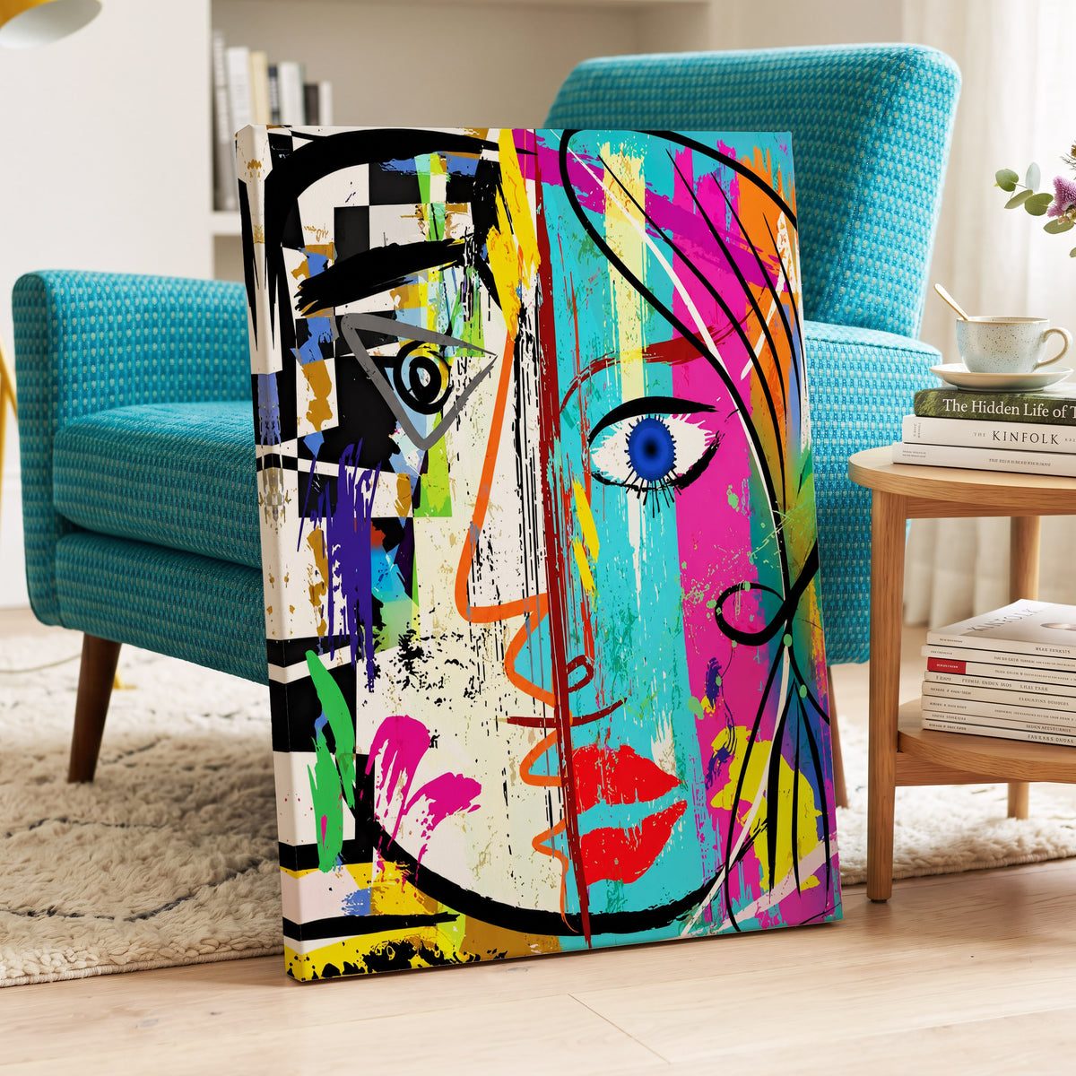 Electric Split Gaze, blue, pink, black abstract wall art on canvas displayed in a styled interior, gallery view 2