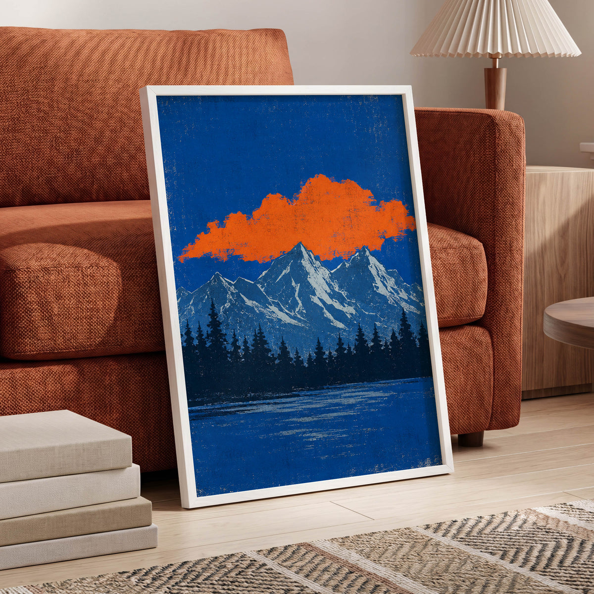 Ember Above the Peaks, blue, orange, black nature wall art displayed in a styled interior, gallery view 9