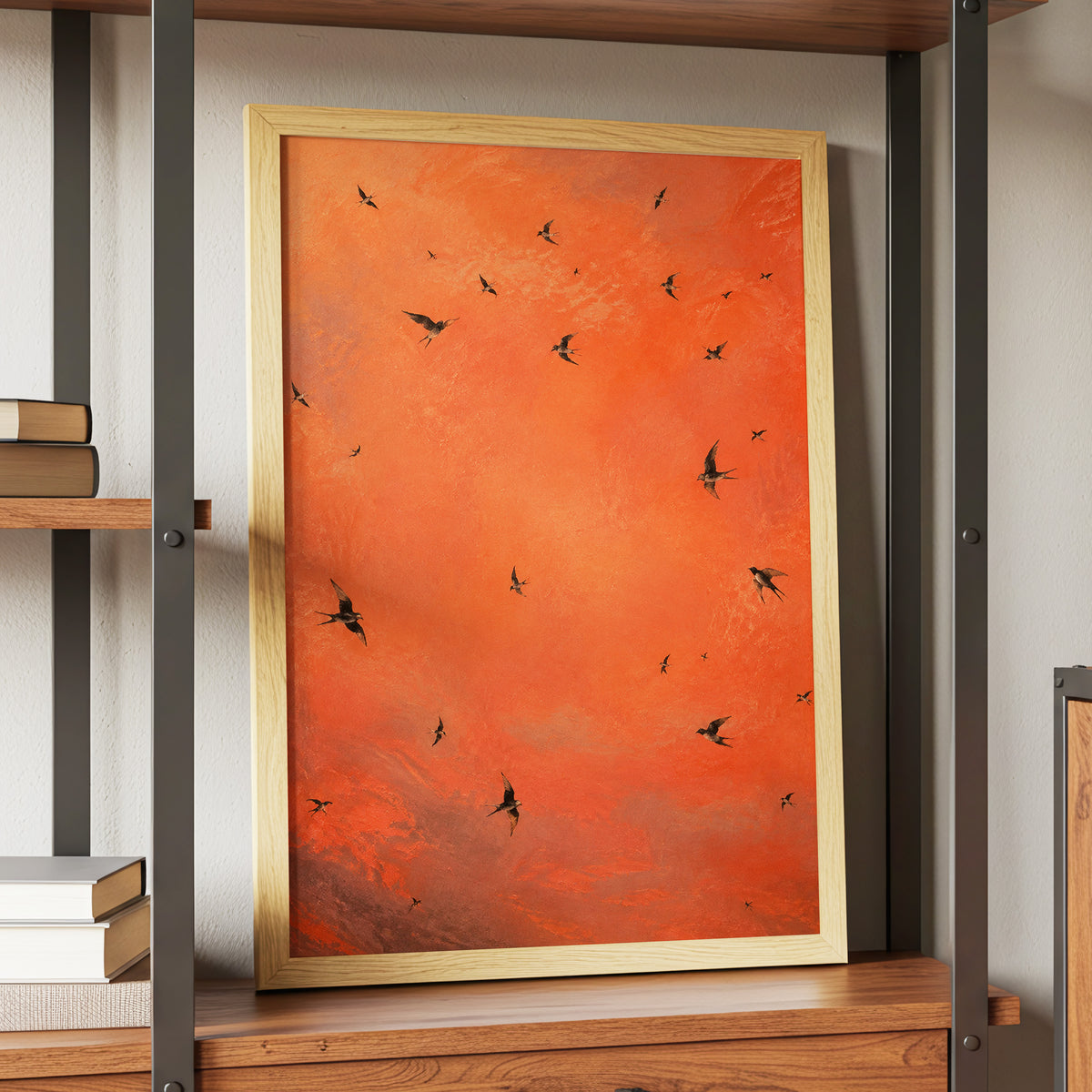 Ember Flight, orange, brown, black nature wall art displayed in a styled interior, gallery view 9