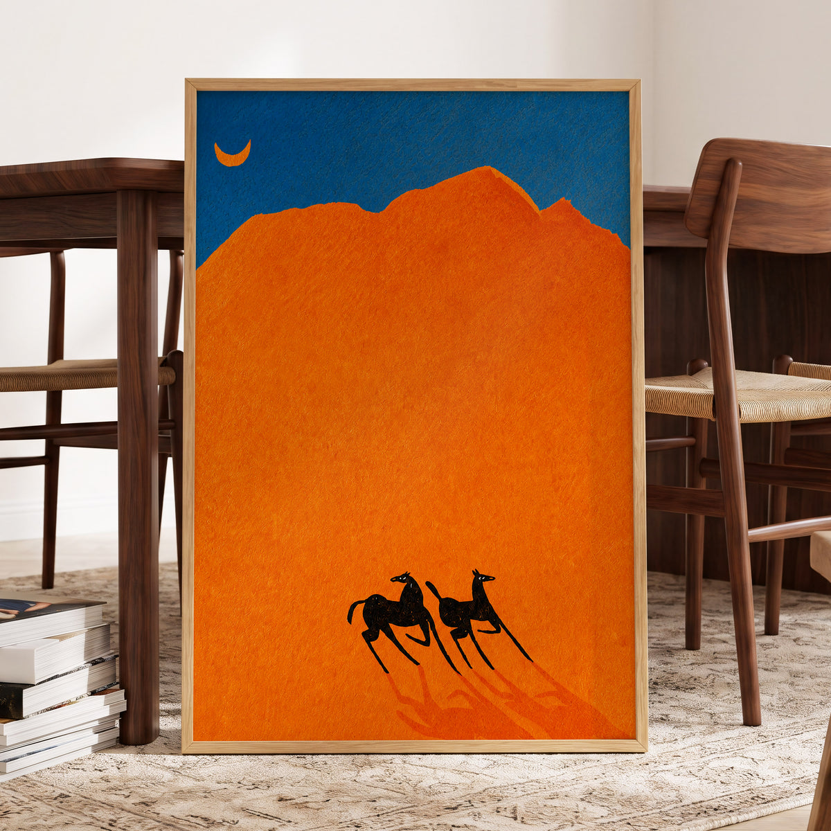 Ember Hooves, orange, blue, black nature wall art displayed in a styled interior, gallery view 9