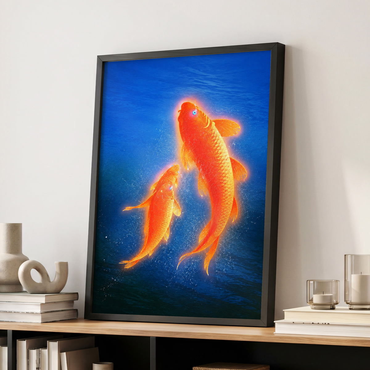 Ember Koi, blue, orange, gold nature wall art displayed in a styled interior, gallery view 9