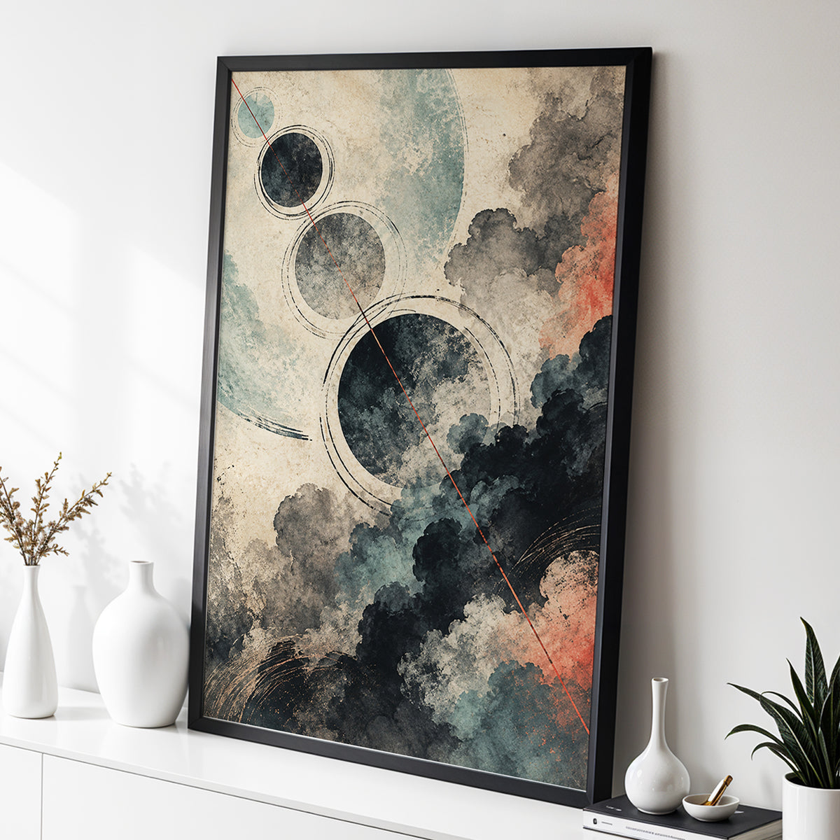 Ember Orbit, beige, black, blue abstract wall art displayed in a styled interior, gallery view 9