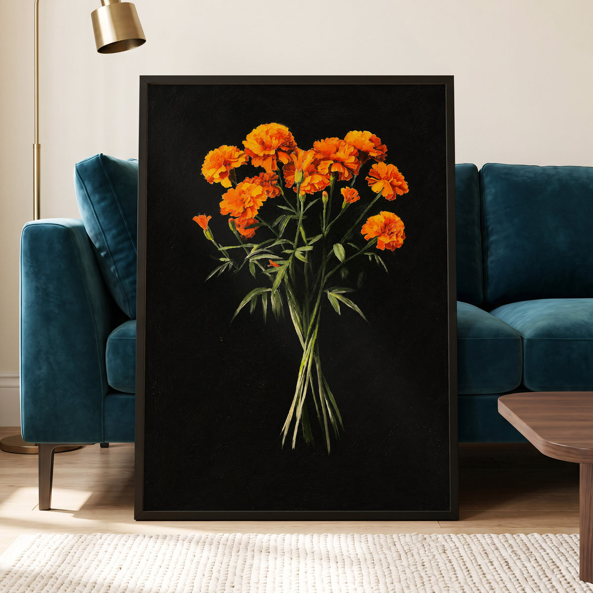Ember Petal Bouquet, black, orange, green floral wall art displayed in a styled interior, gallery view 9