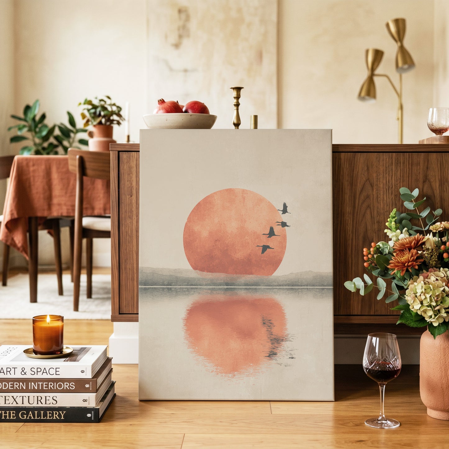 Ember Sun Passage, beige, orange, red nature wall art on canvas displayed in a styled interior, gallery view 2