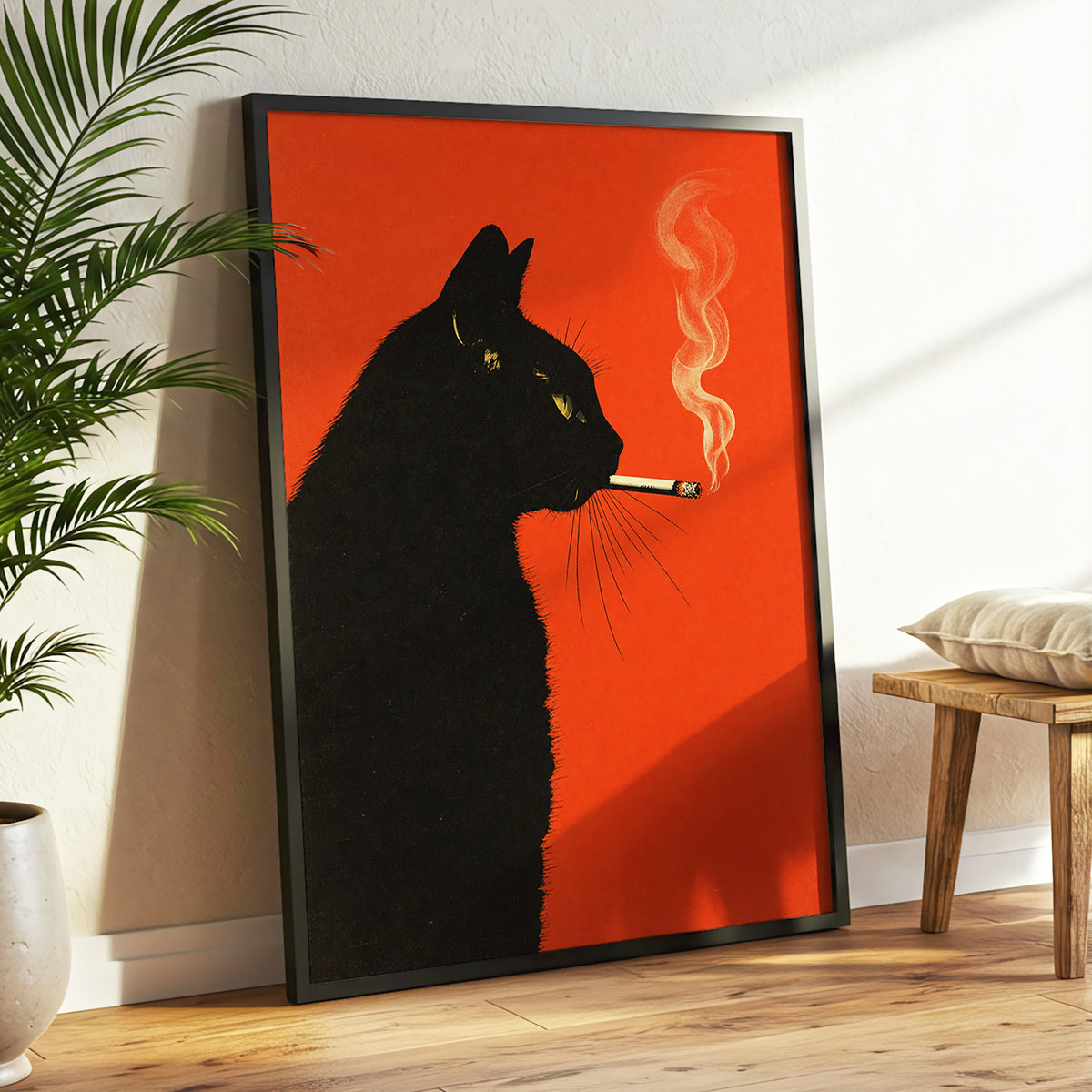 Ember Whiskers, black, orange, beige minimalist wall art displayed in a styled interior, gallery view 9
