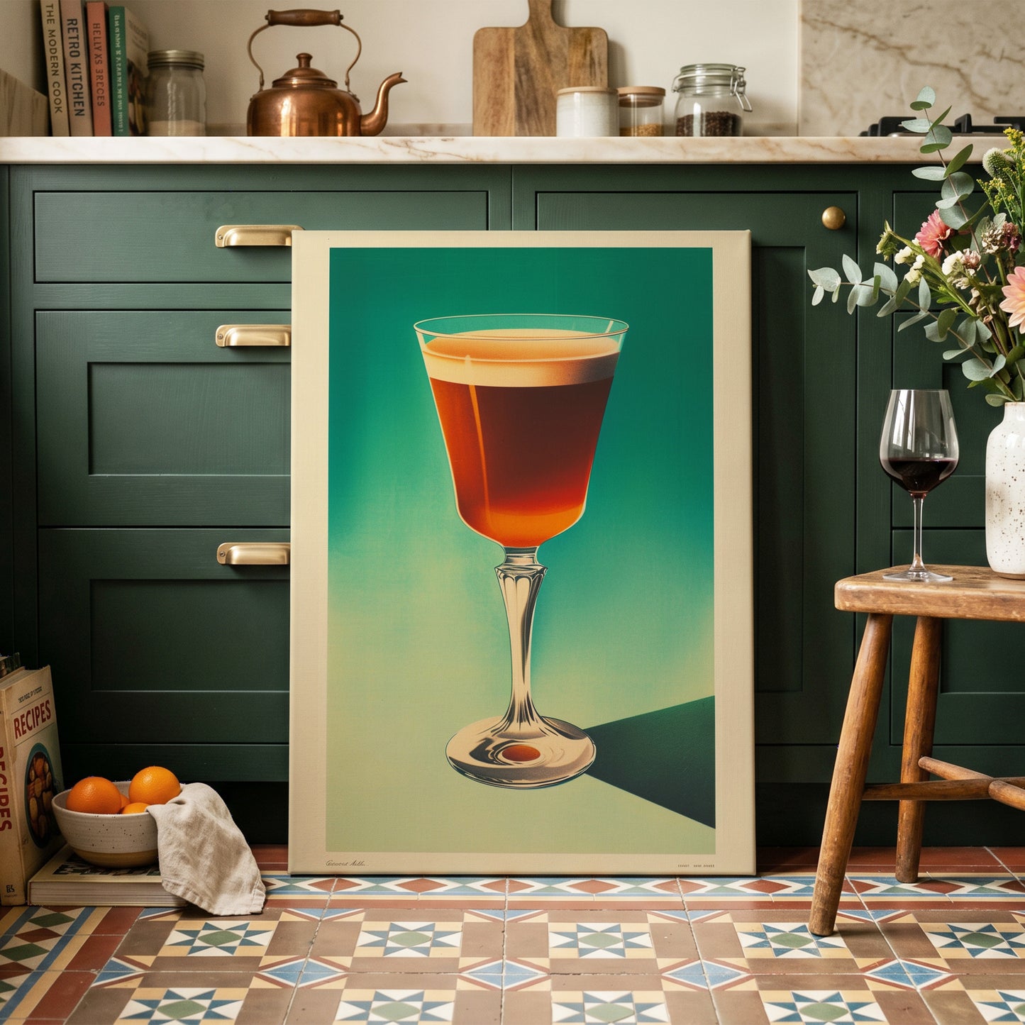 Emerald Afterglow, green, brown, beige minimalist wall art on canvas displayed in a styled interior, gallery view 2