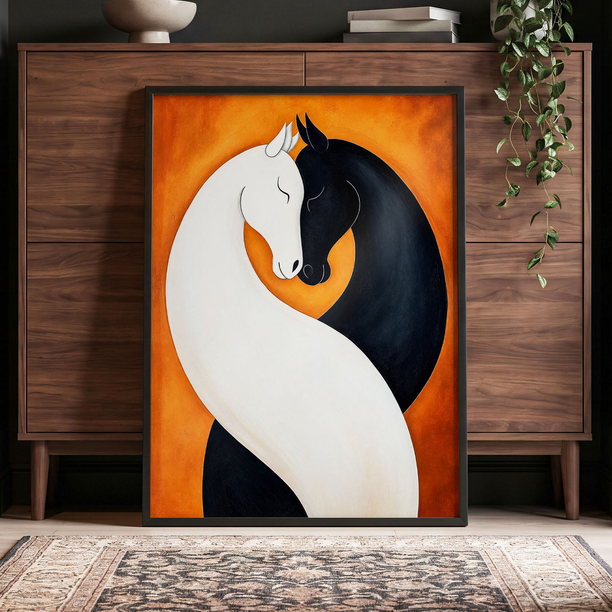 Equine Embrace, black, white, orange nature wall art displayed in a styled interior, gallery view 9