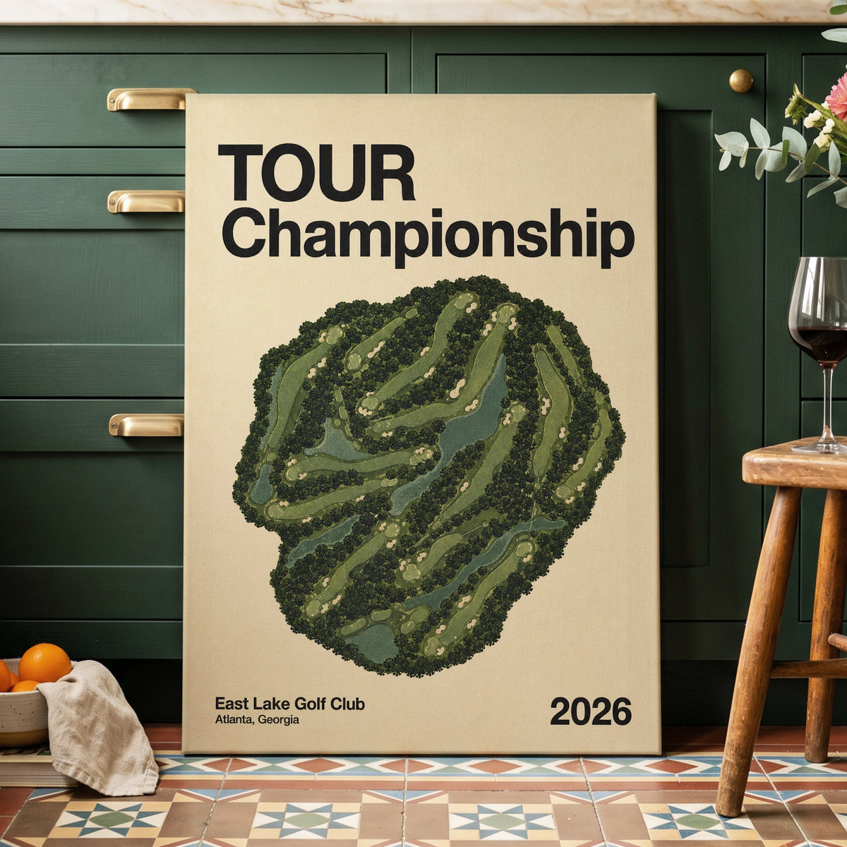Fairways at East Lake, green, beige, black nature wall art on canvas displayed in a styled interior, gallery view 2