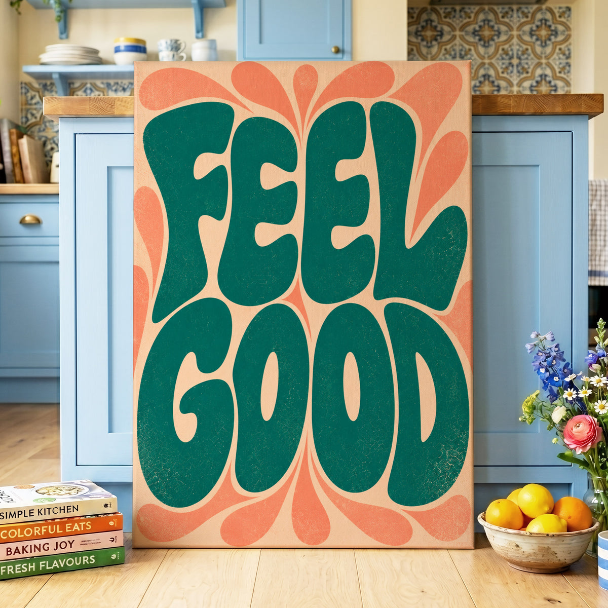 Feel Good Groove, green, orange, beige abstract wall art on canvas displayed in a styled interior, gallery view 2