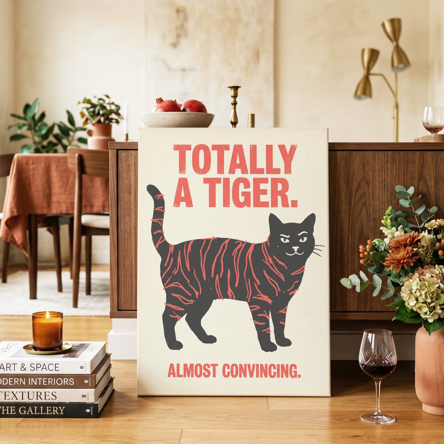 Feline in Tiger Mode, black, red, beige nature wall art on canvas displayed in a styled interior, gallery view 2