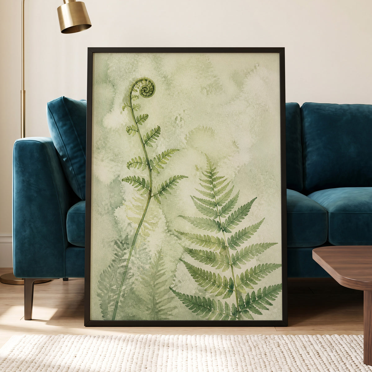 Fernlight Reverie, green, beige, white nature wall art displayed in a styled interior, gallery view 9