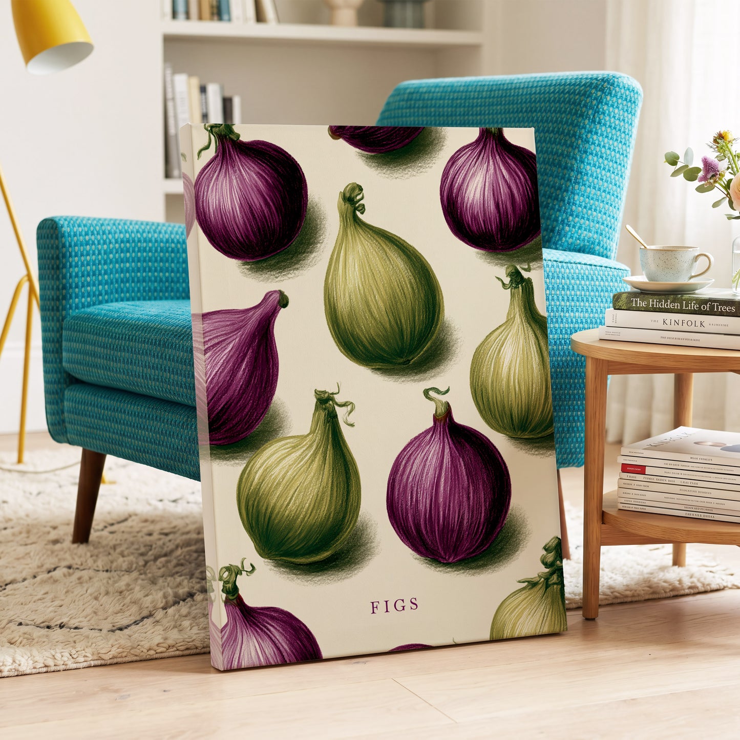 Fig Orchard Study, purple, green, beige nature wall art on canvas displayed in a styled interior, gallery view 2