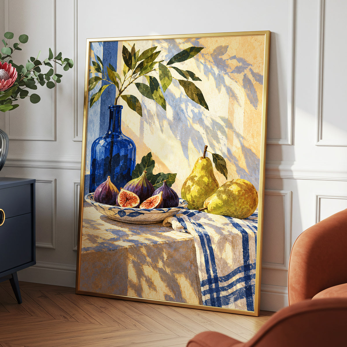 Figs in the Afternoon, blue, green, beige nature wall art displayed in a styled interior, gallery view 9