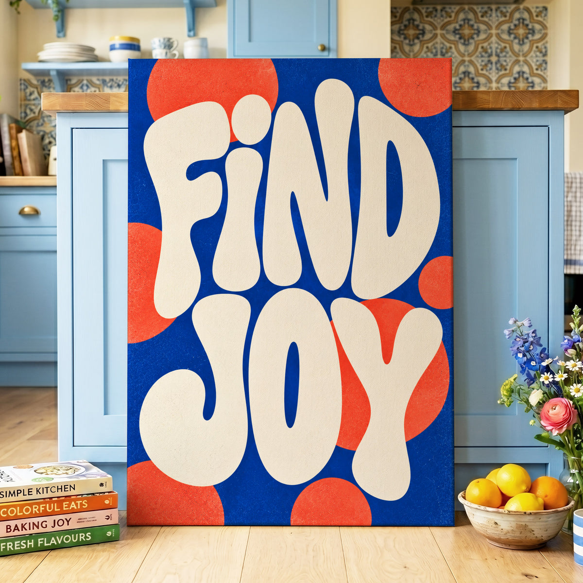 Find Joy in Colour, blue, beige, orange abstract wall art on canvas displayed in a styled interior, gallery view 2