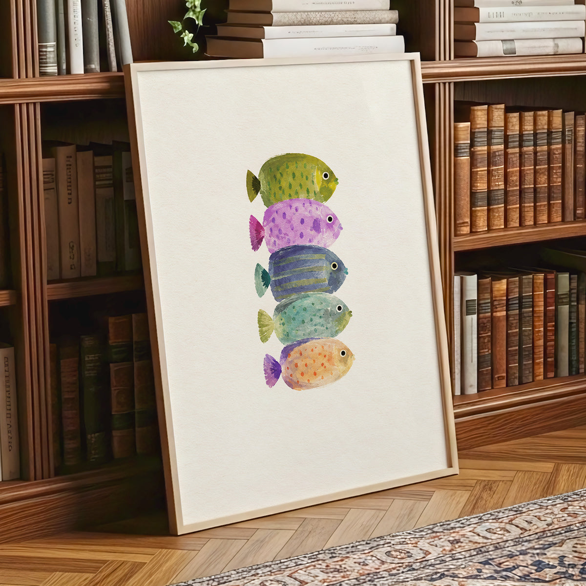 Five Little Swimmers, beige, green, purple nature wall art displayed in a styled interior, gallery view 9