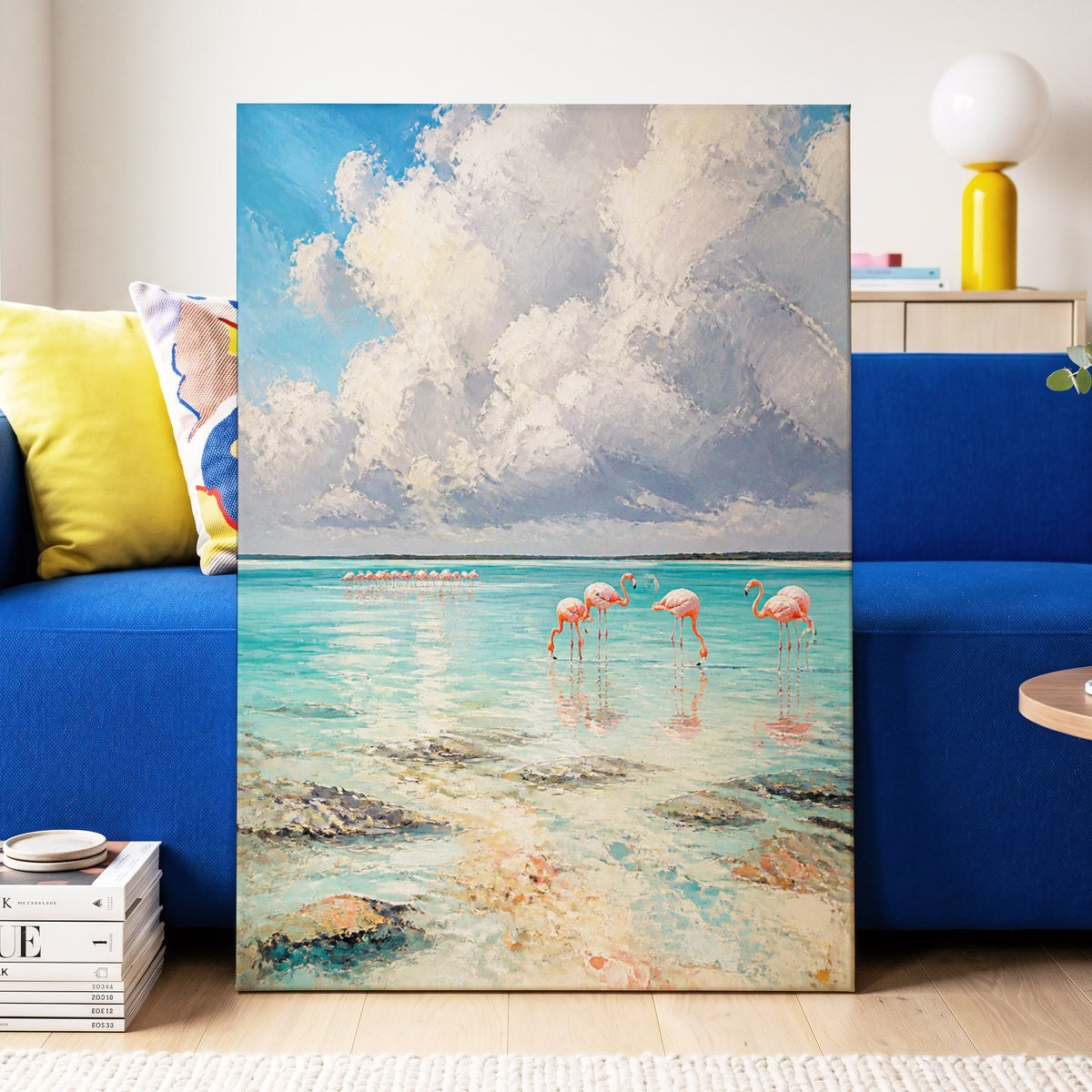 Flamingo Lagoon Skies, blue, white, pink nature wall art on canvas displayed in a styled interior, gallery view 2