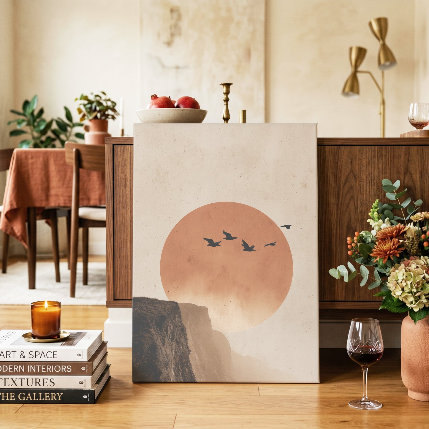 Flight Across Ember, beige, orange, black nature wall art on canvas displayed in a styled interior, gallery view 2