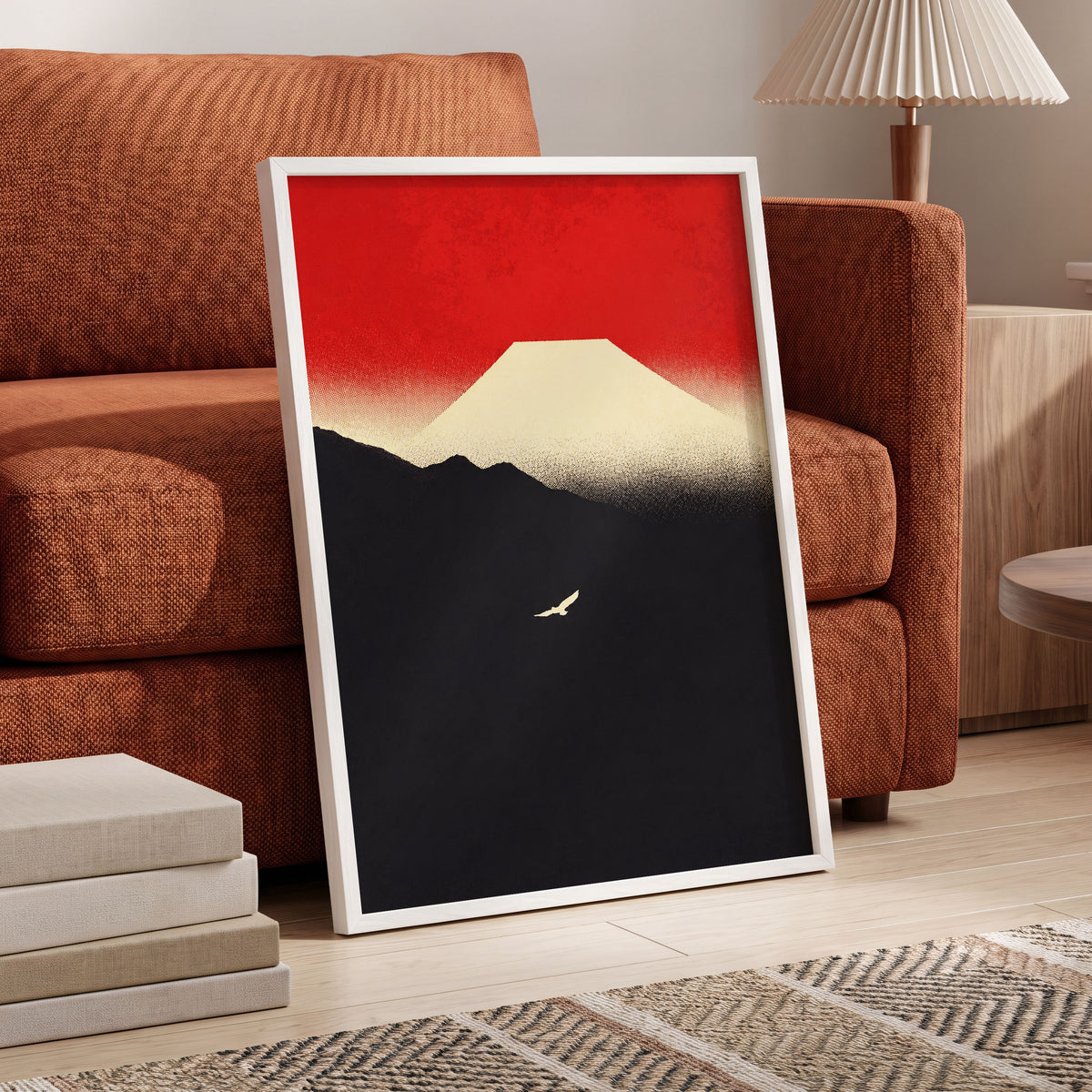 Flight Beneath a Pale Peak, red, black, beige nature wall art displayed in a styled interior, gallery view 9